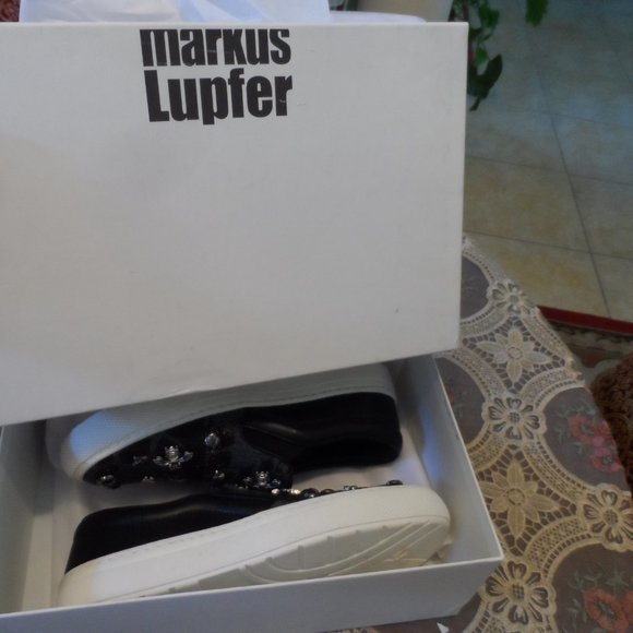 Markus Lupfer Gray/Black Print Silver Tone Metal Embellish Loafer Size 38M - Picture 2 of 14